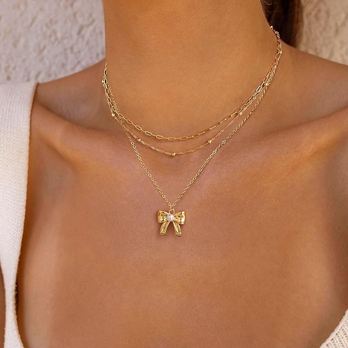 Layered Necklace for Women 14K Gold Plated Dainty Paperclip Herringbone Pearl Cross Pendant Necklace Stack，Layering Chain Cuban Figaro Rope Chain Choker Trendy Gold Jewelry Gift