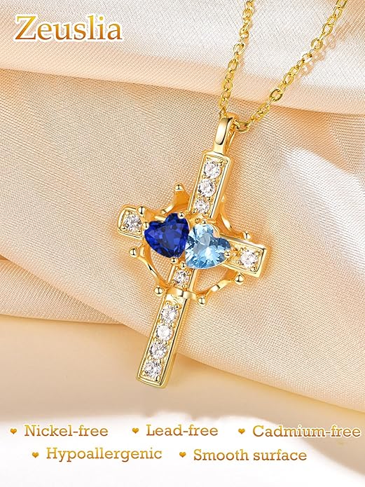 Zeuslia Double Birthstone Necklace Gifts for Wife - 925 Sterling Silver Sunflower/Rose/Crown Cross/Compass/Heart Pendant I Love You Necklace, Anniversary Birthday Gifts for Wife Girlfriend Mom Her