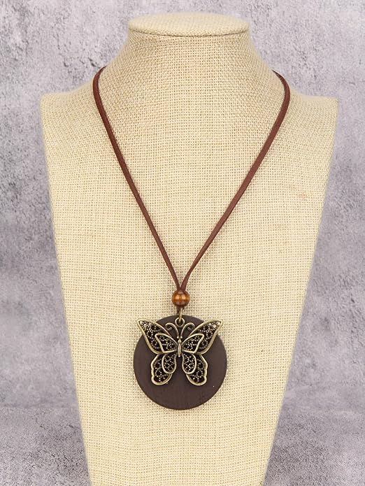Long Boho Necklaces for Women Vintage Leather Wooden Pendant Y Choker Ethnic Style Gold Circle Hippie Sweater Necklace