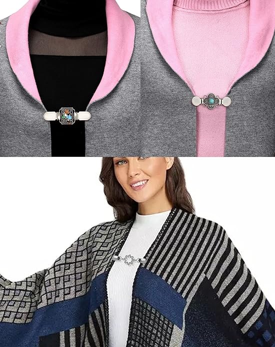 Tornito 8Pcs Vintage Sweater Shawl Clips Retro Cardigan Collar Shirt Dresses Waist Clip Antique Flowers Pattern Brooch Clip for Women