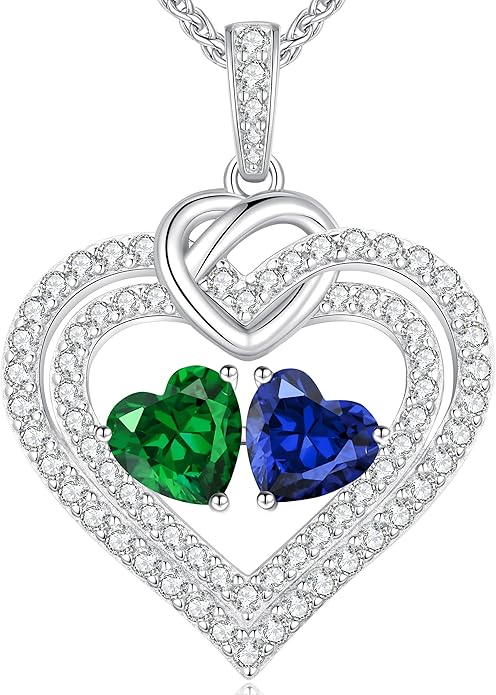 LOUISA SECRET Sparkling Double Heart Birthstone Necklaces for Women, 925 Sterling Silver Fine Jewelry, Pendant Heart Necklaces Birthday Anniversary Christmas Gift for Women Wife Mom Girlfriend Lady