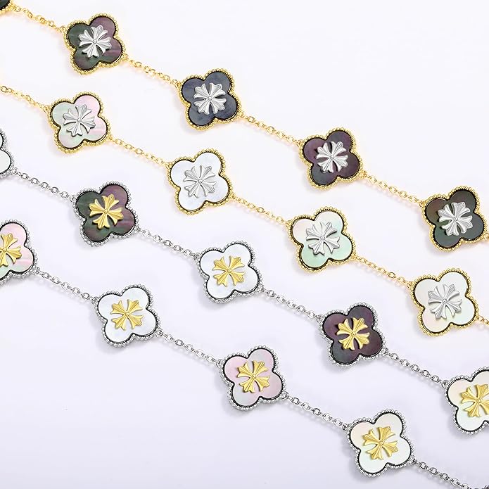 Fydesta 18K Gold Plated Clover Bracelet, Mother of Pearl Four Leaf Flower Bracelet for Women, 6.9" + 2" Adjustable Bracelet, Cross Motif, Gold or Silver Tone