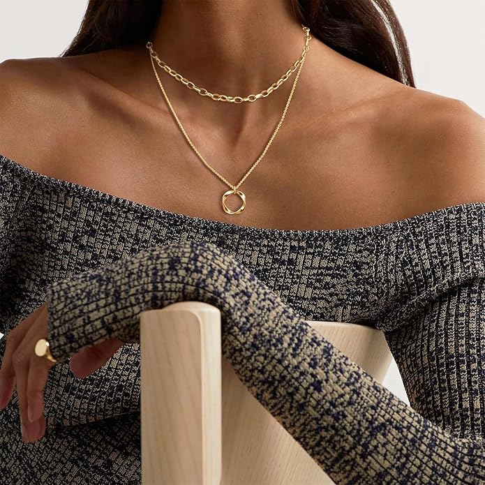 OGD Layered CZ Rondelle Pendant Necklaces for Women, 14K Gold Plated Trendy Mariner Chain Dainty Circle Rondelle Pendant Choker Necklace for Women Two-Toned Cubic Zirconia Gold Necklace