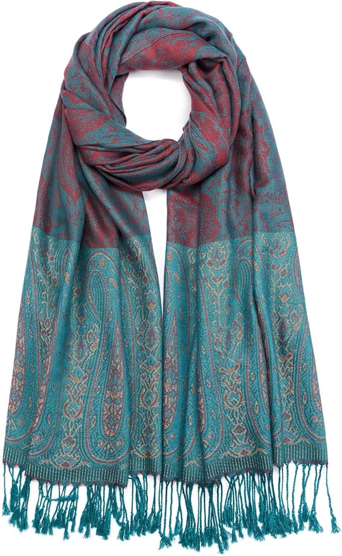 QIUTIMIY Paisley Pashmina Shawl Wrap Women Reversible Vintage Jacquard Pashmina Rave Scarf with Fringe for Evening, Wedding