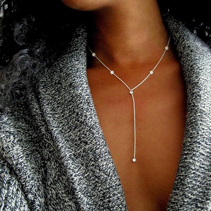 Gold Necklace for Women, Dainty Gold Long Necklaces 14k Gold Plated Prom Bar CZ Lariat Necklace Simple Choker Necklaces for Women Trendy Boho Fashion Costume Jewelry Womens