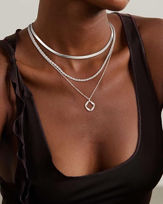 Layered Gold Silver Necklace for Women Non Tarnish,Dainty Choker Statement Chunky Necklace Stack Charm Pendant Chain Necklace Set 14K Gold Plated Long Stacked Womens Necklaces Trendy Jewelry Gift