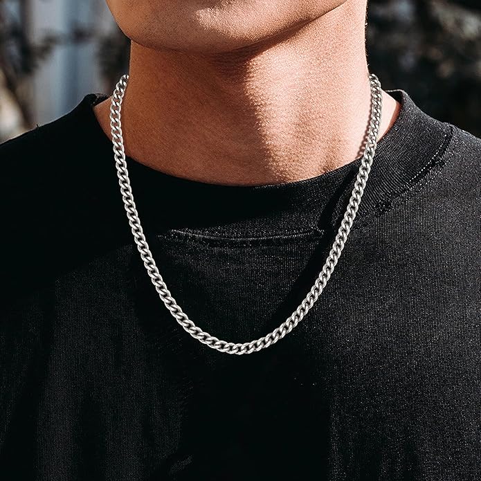 sovesi 3.5/5mm Cuban Link Chain Necklace for Men, Silver Tone/Black/14K Gold Plated Stainless Steel Necklace Chain, Mens Chain 16-28 Inch Jewelry Gift