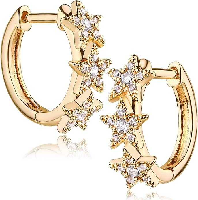Gold Huggie Hoop Earrings 14K Gold Plated Dainty Chunky Thick Hoop Diamond Cubic Zriconia Inlay Sleeper Tiny Delicate Boho Beach Simple Hypoallergenic Jewelry Gift for Her