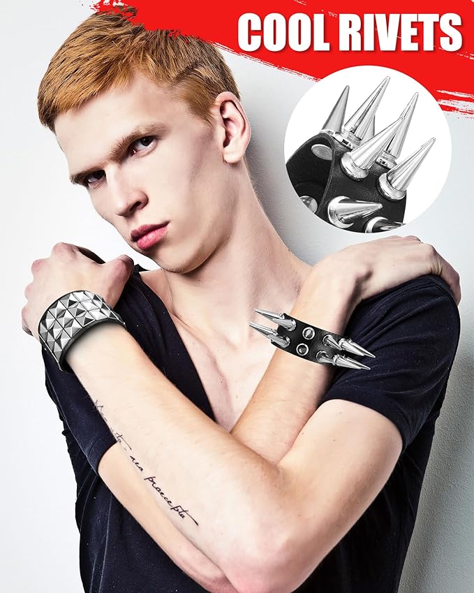 Hicarer 9 Pieces Spiked Studded Bracelet Black Leather Rivet Punk Bracelet Cuff Wrap Bangle Snap Button Metal Wristband for Men Women