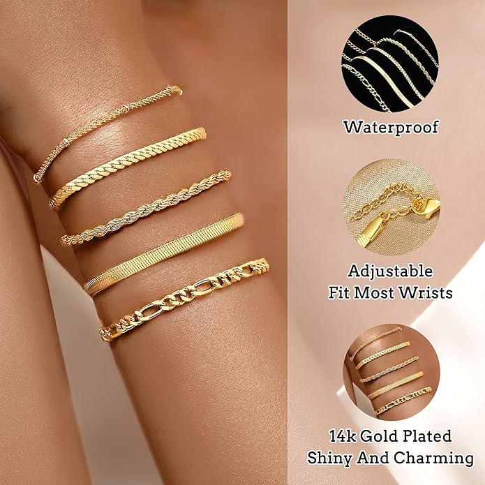 XIANNVXI Gold Plated Bracelets for Women Adjustable 14K Dainty Gold Bracelet Stack for Women Stackable Cuban Link Paperclip Chain Bracelet Set 5PCS Cute Trendy Bracelets for Present