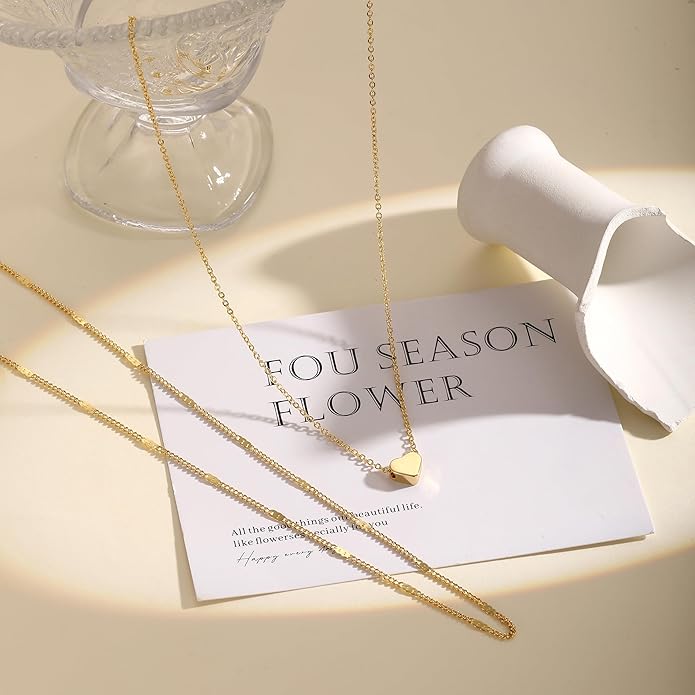 Layered Gold Necklace for Women Trendy 14K Gold Plated Heart CZ Pendant Layered Gold Necklaces Set Coin Choker Necklaces Simple Circle Cubic Zirconia Pearl Necklace Stack Herringbone Paperclip Chain Jewelry Set