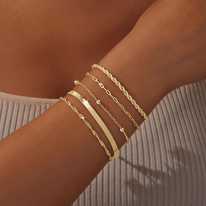 Gold Bracelets for Women Trendy,14K Gold Plated Dainty Stackable Paperclip Cuban Link Chain Bracelets, Simple Cute Cuff Bracelets Jewelry Set Adjustable 7"+2"