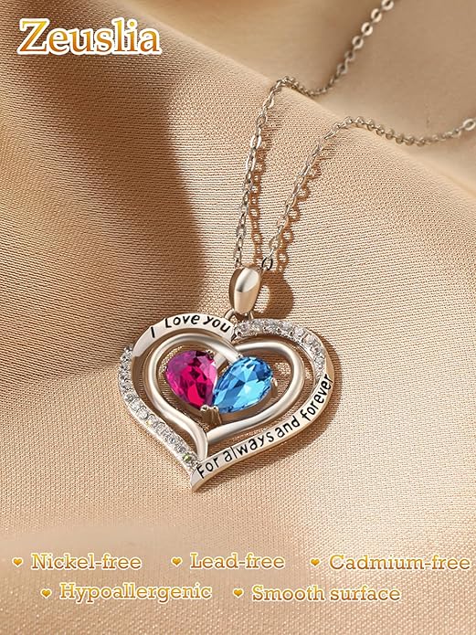 Zeuslia Double Birthstone Necklace Gifts for Wife - 925 Sterling Silver Sunflower/Rose/Crown Cross/Compass/Heart Pendant I Love You Necklace, Anniversary Birthday Gifts for Wife Girlfriend Mom Her