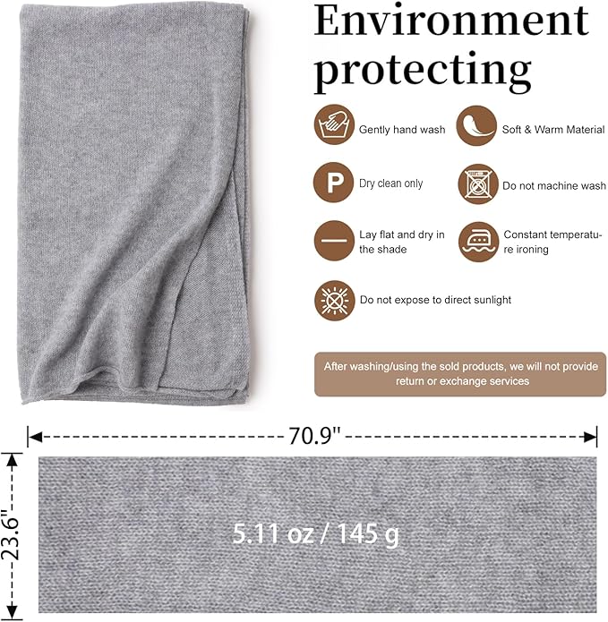 WASALUYA 100% Cashmere Scarf for Women - Knitted Lightweight Travel Wrap, Soft Large Shawl, 71x24 Inches, Luxury Gift