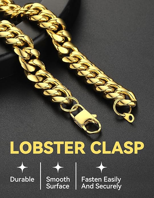 ChainsHouse Miami Cuban Link Chain Necklace for Men, 4.8mm/6mm/10mm/14mm Width, 14K Gold Plated/Stainless Steel/Black Mens Chunky Hip Hop Necklace Curb Chains, 14"-30" Length, Come Gift Box