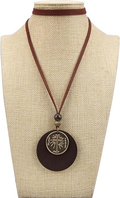 Long Boho Necklaces for Women Vintage Leather Wooden Pendant Y Choker Ethnic Style Gold Circle Hippie Sweater Necklace