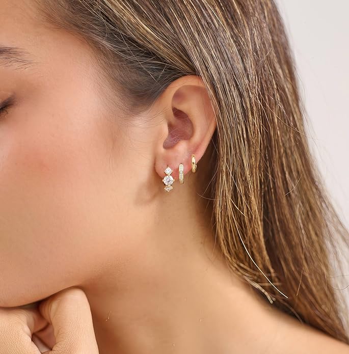 3Pairs Small Gold Huggie Hoop Earrings for Women,Romantic heart,Twisted braid two colors,3 CZ Hoop,5 Round Zircon Sport Hoops Earrings Set,14K Gold Filled Silver Hypoallergenic Earring Excellent gift