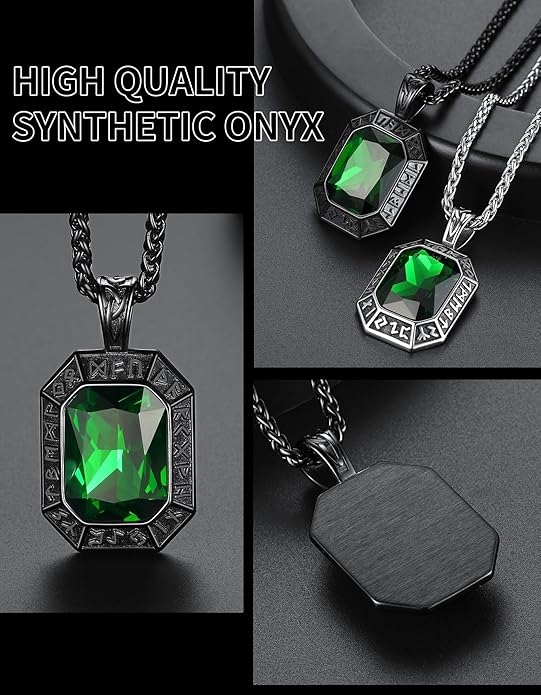 ChainsHouse Viking Rune Pendant Necklace for Men Women, Punk Biker Black Metal/316L Stainless Steel Onyx Norse Vintage Amulet Necklaces with Black/Red/Green/Blue Gemstone, Send Gift Box