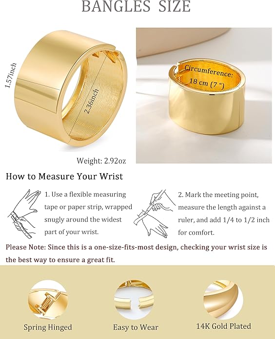 Bangle Bracelets for Women | 14K Gold Plated Trendy Wide Bracelets | Hinged Arm Cuff Bangles Chunky Bracelet for Women