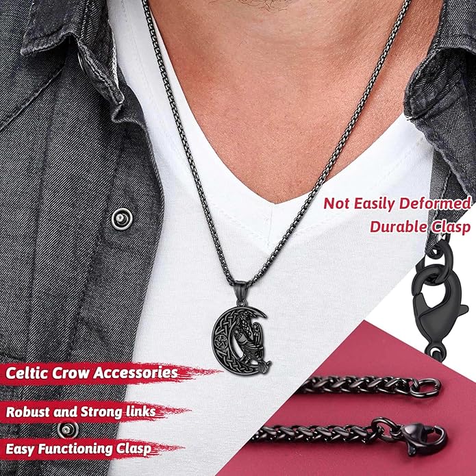 FaithHeart Viking Raven Necklace for Men, Norse Mythology Raven Skull Pendant Sturdy Stainless Steel Amulet Jewelry Gift for Men
