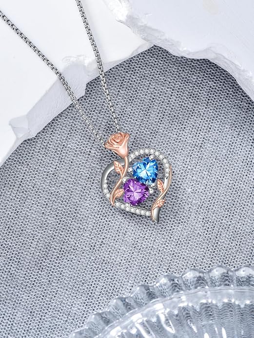 Christmas Gifts for Women Rose Heart Birthstone Pendant Necklace I Love You Forever Jewelry Valentine Mothers Day Birthday Gifts for Women Her Wife Girlfriend