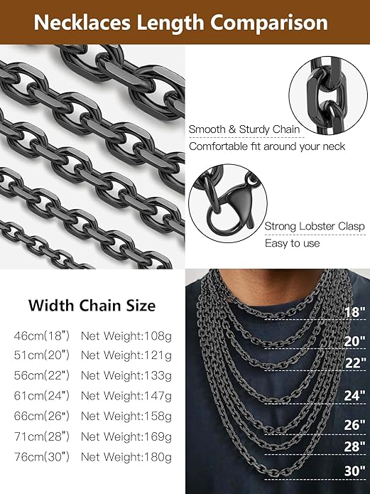 Hoyazvet Cable Chain Stainless Steel Necklace for Men Women, 3/5/8/10/13MM Width, 18K Gold Plated/Black Metal/316L Stainless Steel Sturdy Rolo Link Chain Necklace, 18-30inch Length