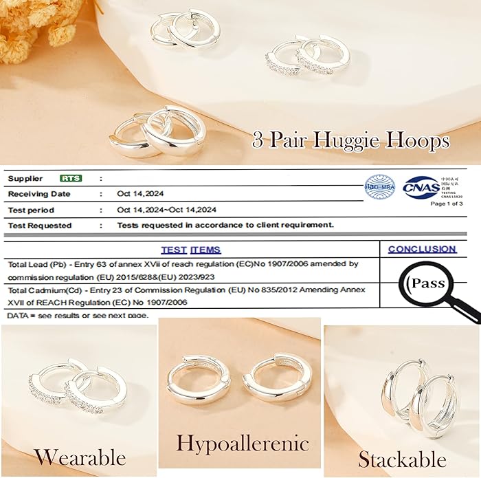 DORANA Valentines Day Gift 3 Pairs 925 Sterling Silver Earrings for Women Girls Non Tarnish Small Hypoallergenic Huggie Hoops Cartilage Stack Earring Sets for Multiple Piercing