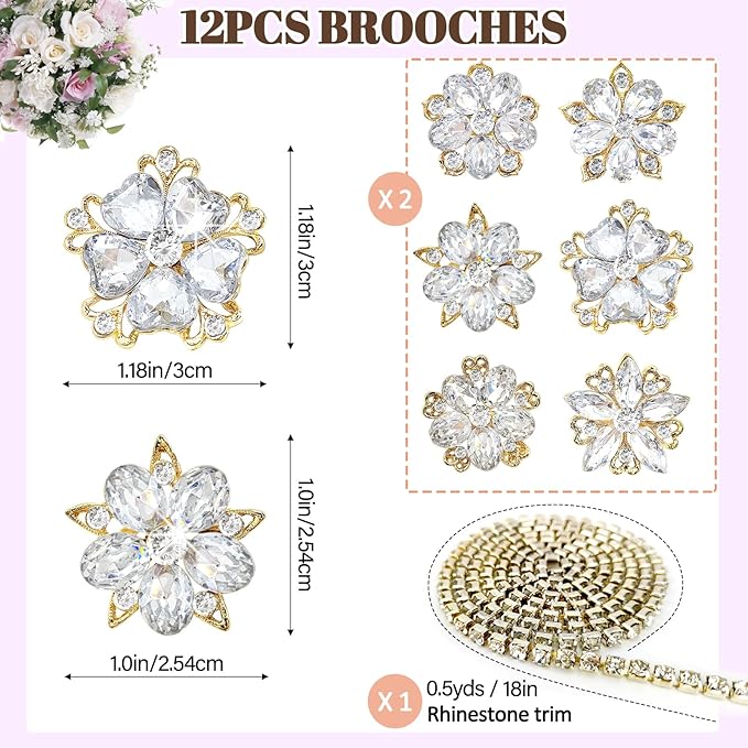 Yhsheen Rhinestone Brooches Bouquet Pins Corsage Boutonniere Pins Crystal Brooch Diamond kits for Wedding Accessories Jewelry Decoration DIY Craft Sewing(Gold)