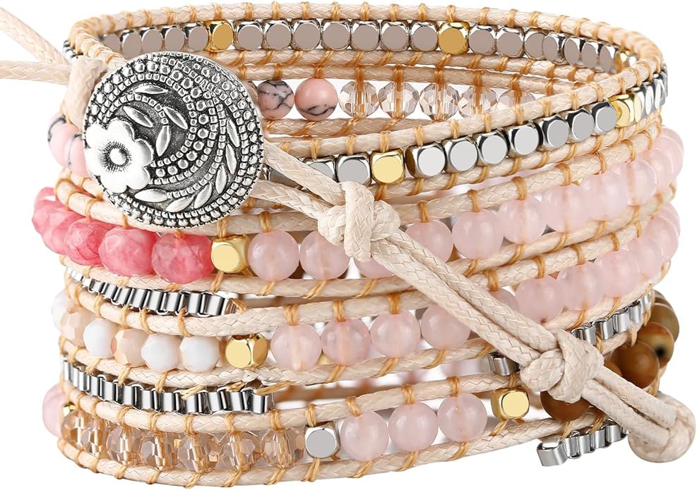 Boho 5 Wrap Bead Bracelet for Men Women - Handmade Adjustable Natural Chakras Stone Crystal Beaded Bracelets Cuff Rope Yoga Healing Bracelet Bangle Hippie Jewelry