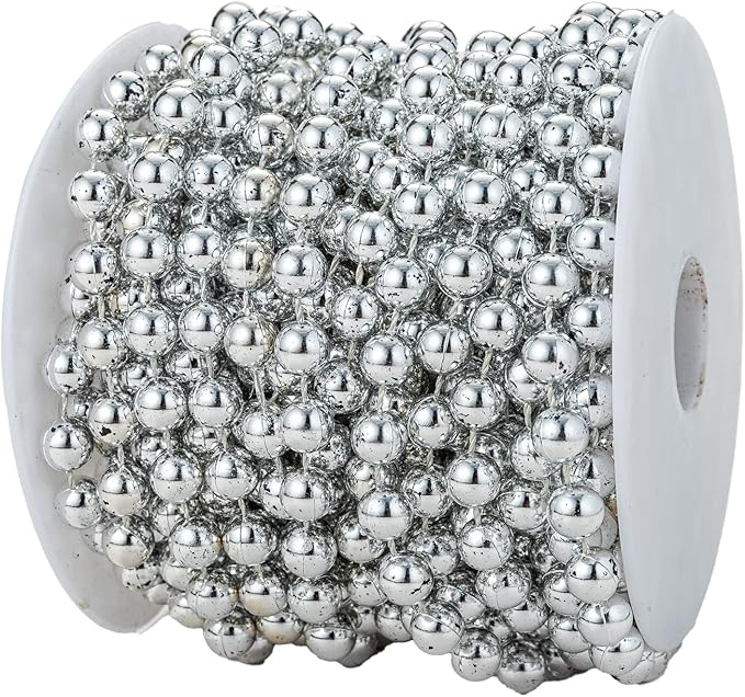 YoungJewl 8mm Crafts Faux Pearl Beads Garland Pearl Bead Roll Strand of Pearls to Decorate Floral Centerpieces Wedding Party Favor Christmas Tree(33 Feet Silver)