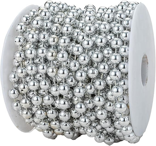 YoungJewl 8mm Crafts Faux Pearl Beads Garland Pearl Bead Roll Strand of Pearls to Decorate Floral Centerpieces Wedding Party Favor Christmas Tree(33 Feet Silver)