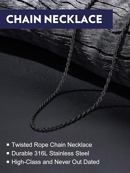 Bandmax Solid 1.5mm/2mm/3mm/6mm Rope Chains for Men Women 14K Gold Plated/Black Plated Stainless Steel Twist Chain 16-30 Inches, with Gift Box