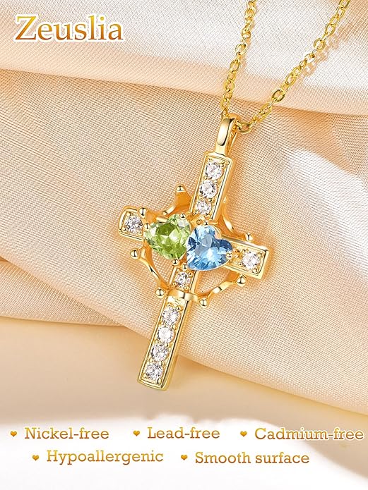 Zeuslia Double Birthstone Necklace Gifts for Wife - 925 Sterling Silver Sunflower/Rose/Crown Cross/Compass/Heart Pendant I Love You Necklace, Anniversary Birthday Gifts for Wife Girlfriend Mom Her