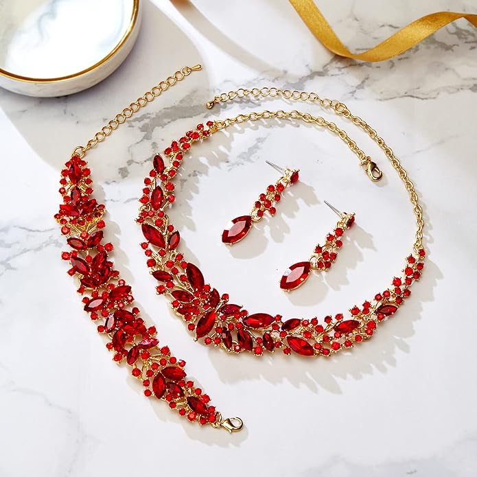 BriLove Women's Wedding Bridal Austrian Crystal Marquise Cluster Collar Necklace Dangle Earrings Set