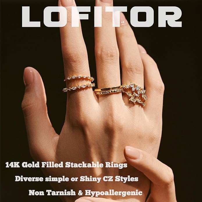 LOFITOR 6PCS Stackable Gold Rings for Women Non Tarnish Trendy Dainty 14K Gold Filled Stacking Cubic Zirconia Thumb Ring Set Pack Statement Chunky Band Rings Promise Engagement Rings Size 6-10