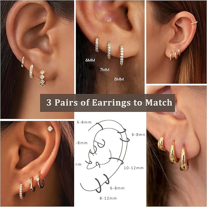 DORANA Valentines Day Gift 3 Pairs 925 Sterling Silver Earrings for Women Girls Non Tarnish Small Hypoallergenic Huggie Hoops Cartilage Stack Earring Sets for Multiple Piercing