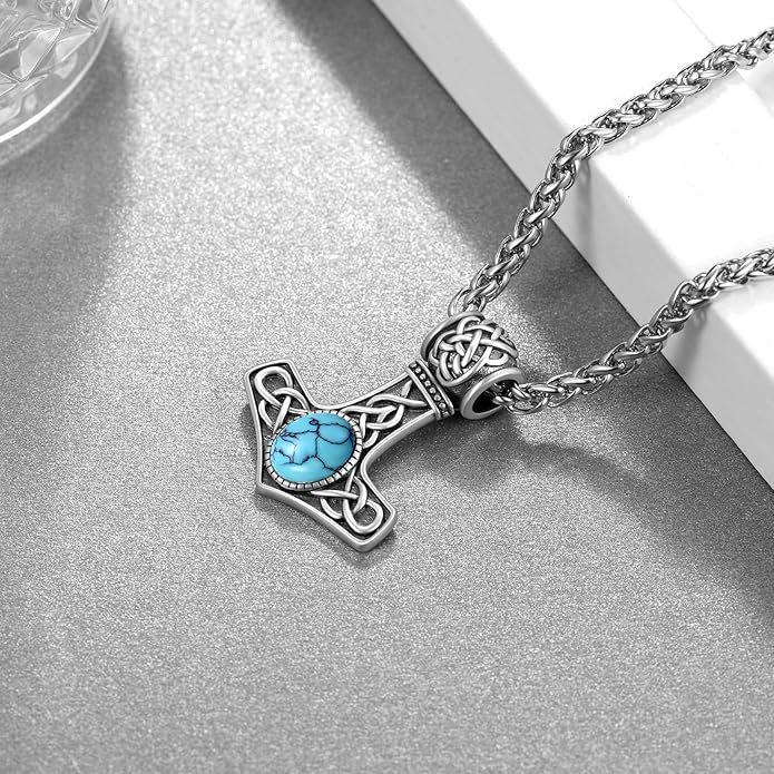 Thor's Hammer Necklace 925 Sterling Silver Viking Thor Hammer Necklace with Turquoise Norse Mjolnir Pendant Viking Jewelry Gifts for Men