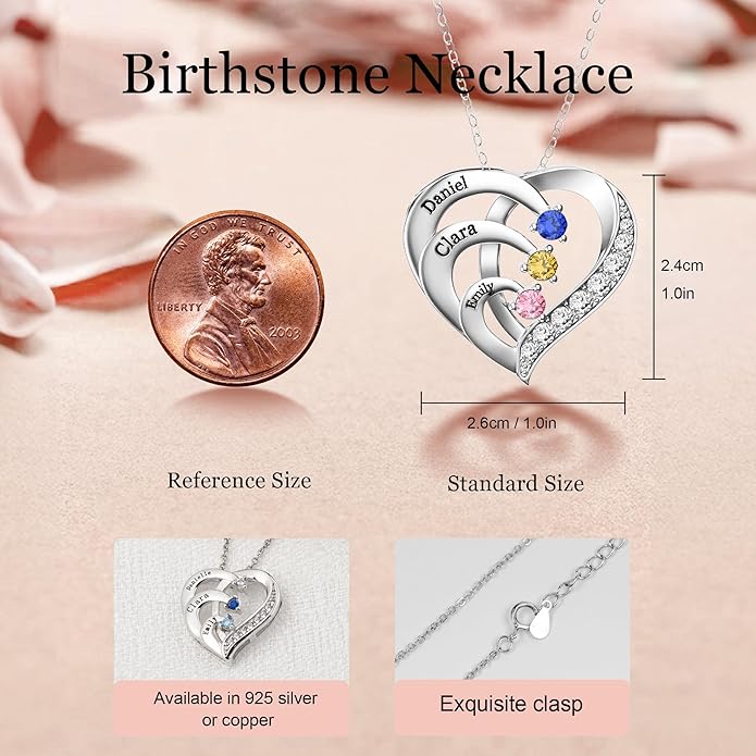 Easycosy Custom Name Necklace with Simulated Birthstones Customized Promise Necklace Heart Pendant with Engraved 2-6 Names - Anniversary Birthday Christmas Jewelry Gifts for Women Wife Mom Grandma
