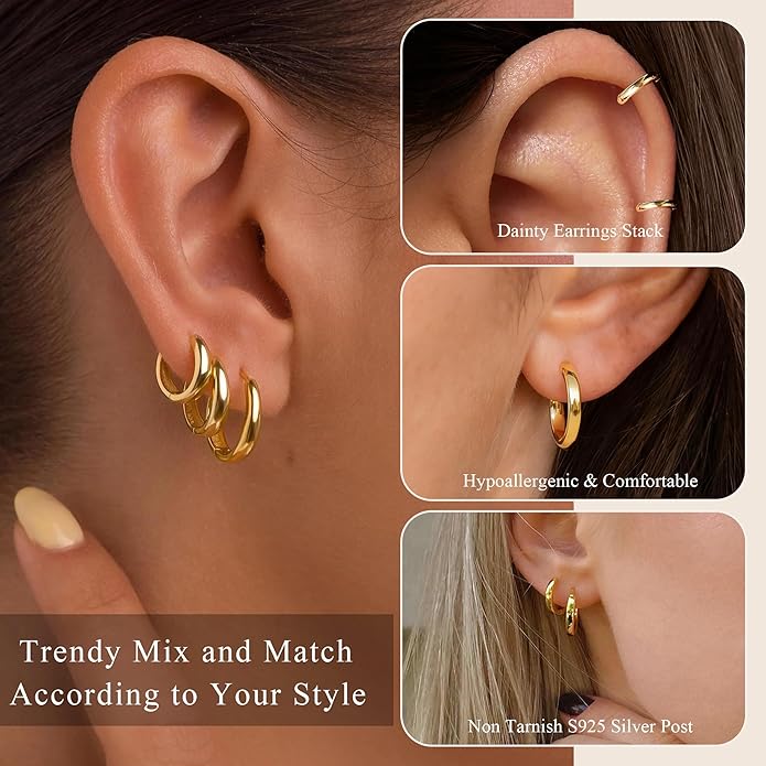 DORANA Valentines Day Gift 3 Pairs 925 Sterling Silver Earrings for Women Girls Non Tarnish Small Hypoallergenic Huggie Hoops Cartilage Stack Earring Sets for Multiple Piercing