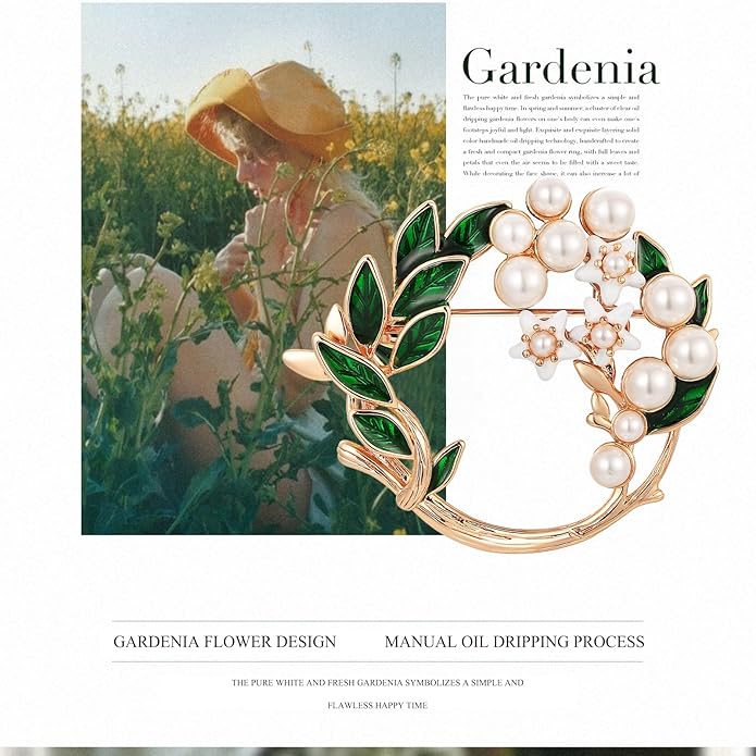 SHE'S FREE STYLE JUST FOR YOU Handmade Gardenia Brooches and Pins For Women, Enamel Flower Brooch Green Leaves Pins Hand Dripping Oil Jewelry Brooch Pins Fashion Garland Safety Pins
