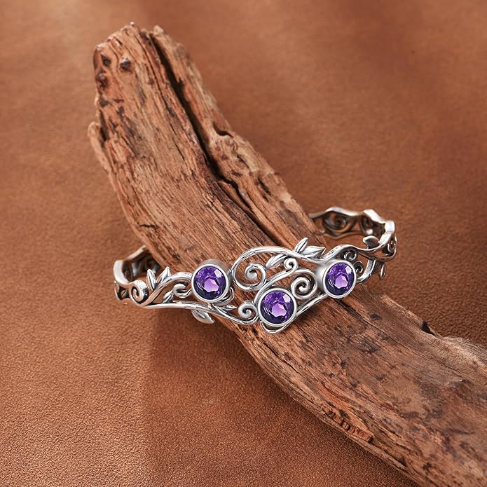 Three Amethysts Vine Cuff Bracelet Sterling Silver Adjustable Bohemian Bangle, February Birthstone Gift for Her Purple Crystal Healing Jewelry