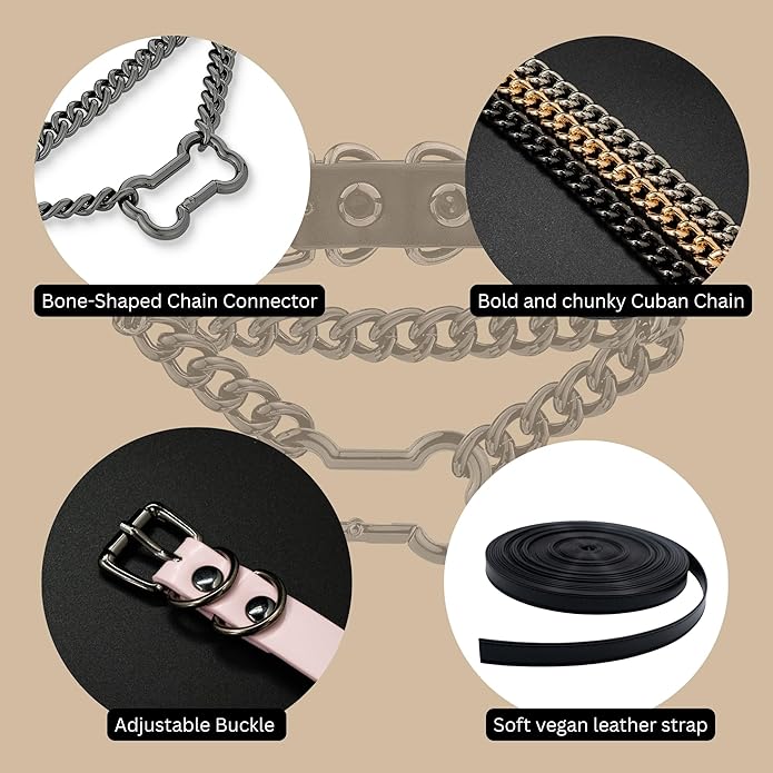 Black/Pink Leather Choker Collar For Women, Handmade Gothic Slip Chain Necklace with Bone Clasp