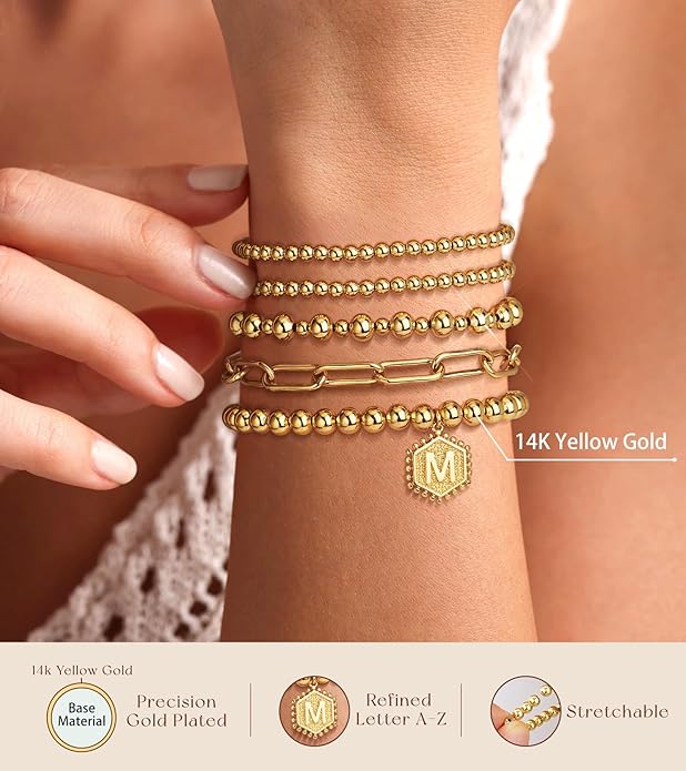 adoyi Gold Bracelets for Women Waterproof, 14K Gold Plated Beaded Strand Bead Ball Bracelets stack Adjustable Jewelry Set for Gifts