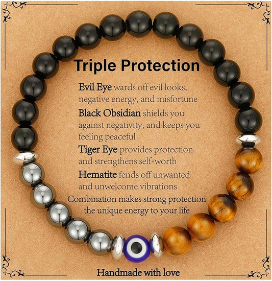Triple Protection Bracelet for Men, Mens Black Obsidian Hematite Tiger Eye Beaded Natural Stone Evil Eye Bracelet Jewelry Gifts for Birthday Christmas