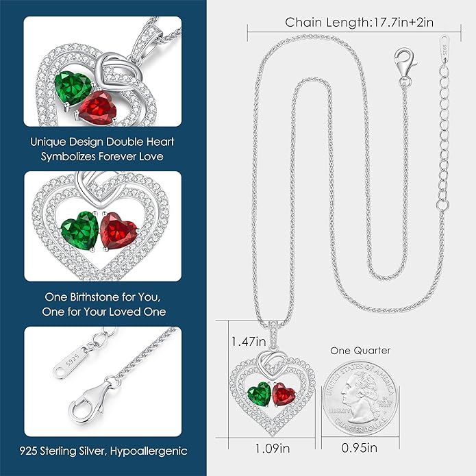 LOUISA SECRET Sparkling Double Heart Birthstone Necklaces for Women, 925 Sterling Silver Fine Jewelry, Pendant Heart Necklaces Birthday Anniversary Christmas Gift for Women Wife Mom Girlfriend Lady