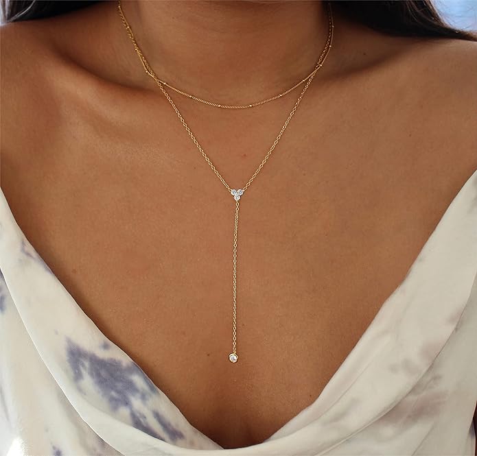 Foxgirl Lariat Gold Necklace for Women, Dainty Long Necklace 14k Gold Plated/Silver Y-Shaped Pendant Necklace Trendy Layered Cz Beaded Chain Drop Necklaces Simple Gold Jewelry For Women Gift