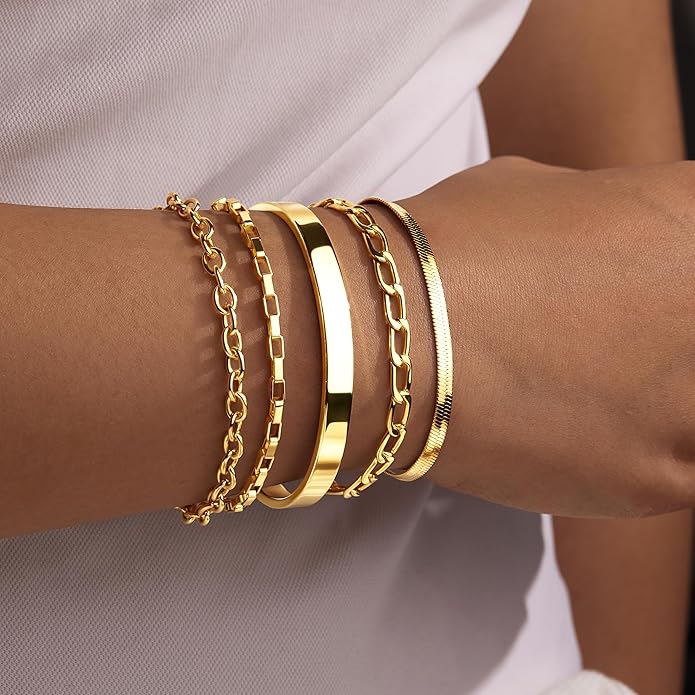 Gold Bracelets for Women Non Tainish,Dainty Bracelets Stack for Women Trendy, Gold Plated Cuff Bracelets Stack With Beaded Cuban Paperclip Snake Rope Bangle Hand Chain Jewelry Gifts for Women