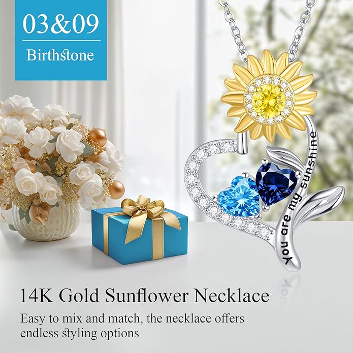 PERJI Valentine's Day Gifts for Women - 925 Sterling Silver Double Birthstone Sunflower Necklace, Anniversary Birthday Jewelry You are My Sunshine Gifts for Wife Couple Girlfriend 18"+2" Non Tarnish