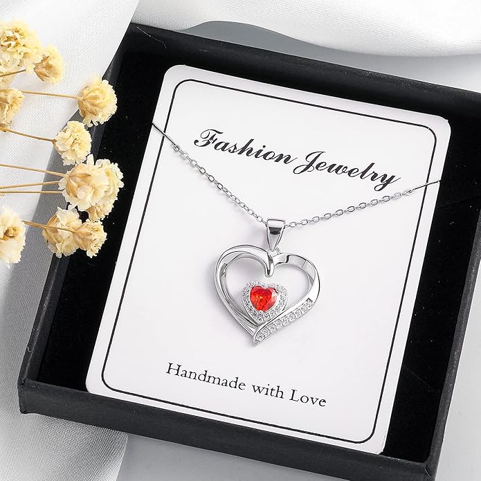 GLIVEOR Heart Birthstone Necklace for Women,S925 Sterling Silver Necklace Birthstone Necklace Heart Necklace for Women Birthday Jewelry Gifts for Women