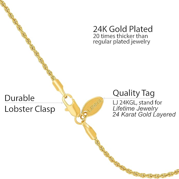 LIFETIME JEWELRY Womens Gold Anklet 1mm Rope Chain Ankle Bracelet 24k Real Gold Plated